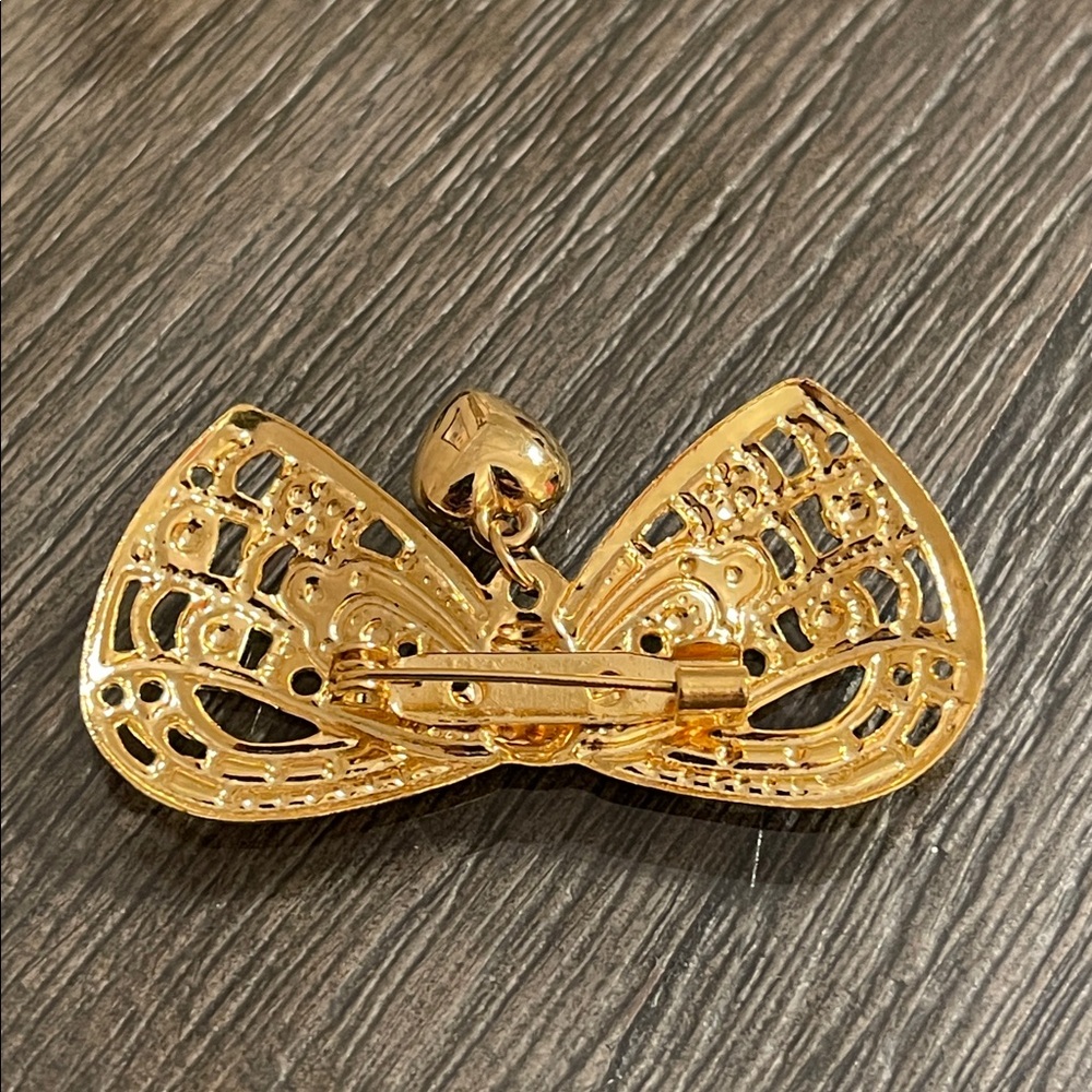 Vintage Carrington Jewelers Filigree 'Heart & Bow Pin' Dangle Brooch Gold-tone - Picture 14 of 16